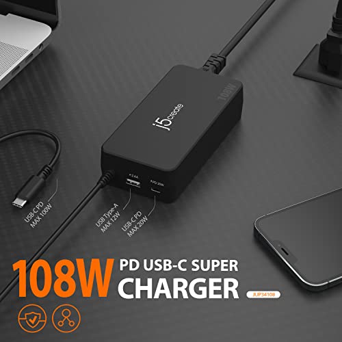 j5create 108W USB-C PD Charger for MacBook Pro, Chromebooks, Laptops, Tablets, and Smartphones