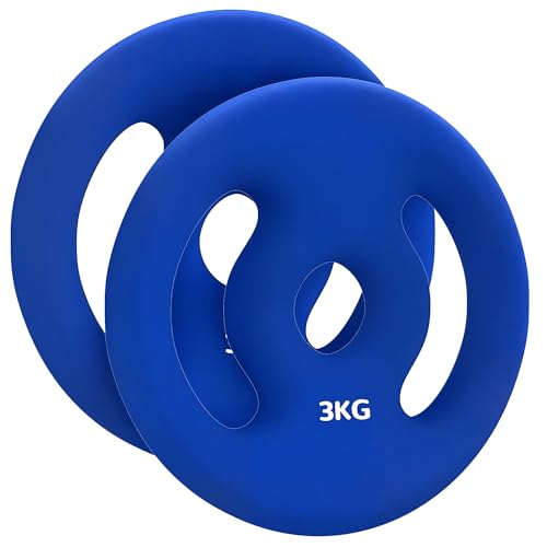 SPORTNOW Lot de 2 plaques de poids, 2 x 3 kg, disques d&rsquo;haltères, pour barres Ø 2,5 cm, avec poignées faciles à saisir, pour la maison, la salle de sport, l&rsquo;haltérophilie, en métal, bleu