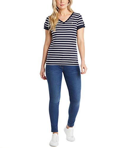 Nautica Women Easy Comfort V-Neck Striped Supersoft Stretch Cotton T-Shirt, Navy, Large #TOP1