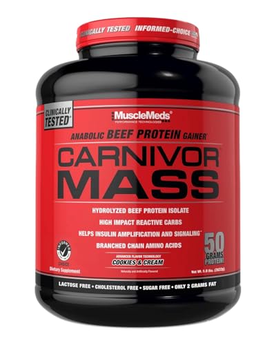Image of MuscleMeds CARNIVOR Mass Gainer Beef Protein Isolate Shake, 50 Grams Protein, 125 Grams Carbs, 0 Fat, 0 Sugar, Lactose Free, Cookies & Cream, 6 Pound