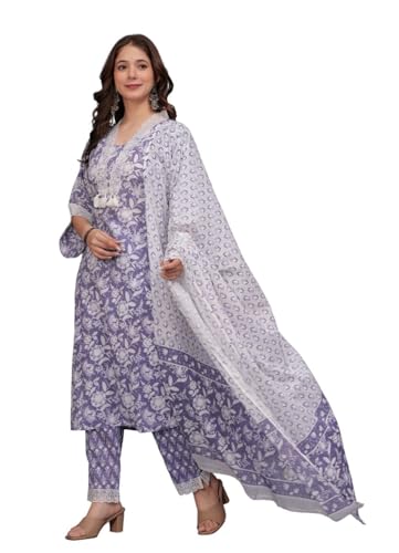 Image of Amayra Women's Pure Cotton Printed Straight Kurta Set with Palazzo Pants & Dupatta- Ethnic Wear, Purple