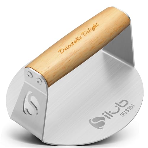 SILUB Smash Burger Press,304 Stainless Steel 6.0 Inches Round Hamburger Smasher with Anti Scald Wood Handle, Non-Stick Burger Press Perfect for Flat Top Griddle Grill Cooking