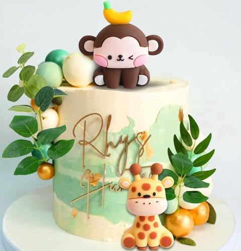 JeVenis 20 PCs Sage Green Balls Jungle Baby Shower Cake Decoration Safari Animals Cake Decoration Wild One Cake Decoration Two Wild Cake Topper Giraffe Monkey Cake Topper