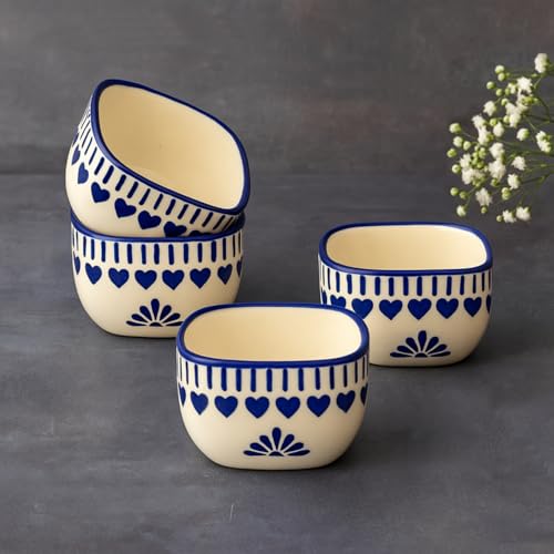 Image of StyleMyWay Hand-Painted Square Ceramic Dip Bowls (50 ml, White & Blue, Set of 4) | Chutney, Sauce, Pickle, Ketchup Mini Bowls