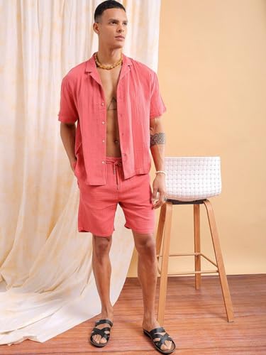 Image of The Indian Garage Co Men Regular Fit Solid Resort Wear Shirt & Boxers Co-ords Set