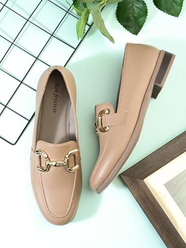 Image of San Frissco Women's Loafers | Solid Round Toe Slip-On Shoes for Women PU Moccasins with Horsebit & Buckle | Comfortable $ Lightweight for Casual, Office & Daily Use