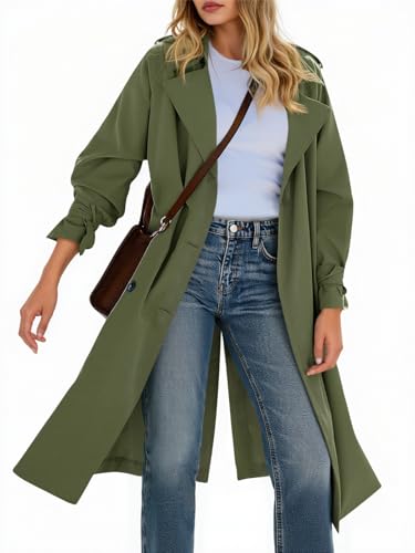 Tankaneo Womens Long Trench Coat Double Breasted Notch Lapel Lightweight Oversized Windproof Fall Overcoat with Belt