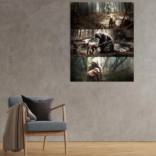 Image of Jesus with Lamb Christian Canvas Wall Art, Shepherd's Rescue Religious Canvas Print, Gallery Wrapped Ready to Hang Fade Resistant Faith Decor for Living Room Bedroom Prayer Room Church