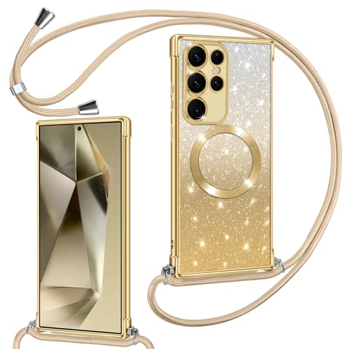 Phoona Cover Magnetica Glitter per Samsung Galaxy S24 Ultra 5G con Cordino, [Compatibile con MagSafe] Brillantini Sottile Lucida TPU Silicone Custodia per Samsung S24 Ultra Antiurto Cover, Oro