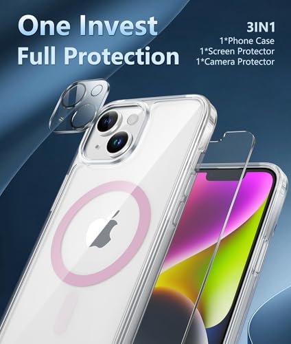 Image of FNTCASE for iPhone 13 Phone Case: Clear Magnetic Case Military Grade Drop Protection Anti Yellowing Cell Phone Cover- Rugged Shockproof Protective Bumper (C-A Pink)