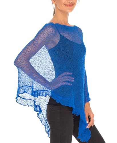Image of SHU-SHI Women's Sheer Knit Poncho Shrug Lightweight Asymmetrical Ruffle Wrap Dressy Summer Shawl Cover Up Top