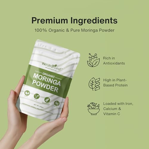 Image of Neutraleaf Organic Moringa Powder | Drumstick Leaves Powder for Immunity | Rich in Iron, Calcium & Plant Protein | Superfood for Hair Growth & Glowing Skin | Non-GMO, Vegan | Resealable Bag | 200g