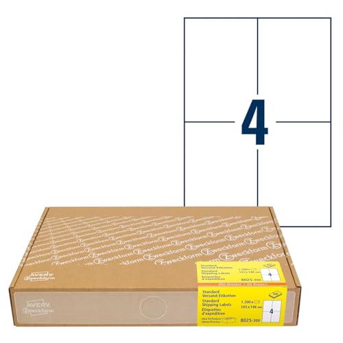 AVERY Zweckform 8025 Versandetiketten (1.200 Klebeetiketten A6, 105x148mm auf A4, bedruckbare Versandaufkleber für Hermes, DHL, GLS, DPD, UPS, Fedex, selbstklebende Adressetiketten, 3483) 300 Blatt
