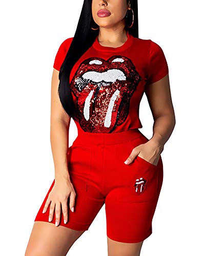 Women Short Sleeve 2 Piece Outfits Tracksuit Sequin Lips Print Top and Short Pants Sweatsuit Set