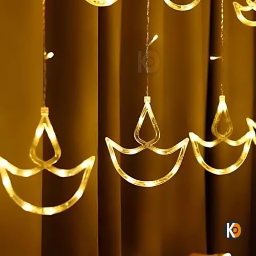 Image of K D 6+6 Diya Yellow Curtain LED String Lights, 138 LEDs (3.5 ft Length + 0.5 FT Length After Adapter = 4ft) with 8 Modes Indoor Outdoor for Home, Diwali, Christmas (Big String Diya 6+6 Yellow)
