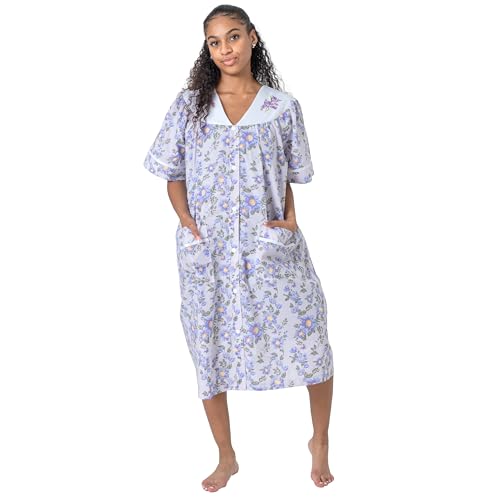 Women's Short Sleeve Woven Snap-Front Closure Floral Embroidery Housecoat Duster Lounge Nightgown Robe with Front Pockets3