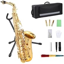 Professional Eb Alto Saxophone Complete Kit Gold Lacquer Sax for Beginners to Advanced Players - Includes Case, Reeds, Tuner, Stand, Neck Strap & Cleaning Tools