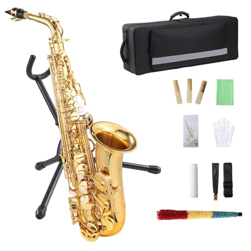 Senfot Student Eb Alto Saxophone Gold Lacquer Alto Sax Full Kit With Cleaning Cloth, Gloves, Brush, Headjoint, Reed, Strap, Stand, Tube Case, Saxophone for Beginners and Professional, Gold