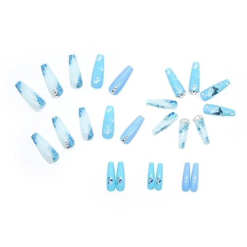 Butterfly Press On Nails Long Coffin Fake Nails Blue Full Cover False Nails With Rhinestones Designs Glitter Spring Acrylic Nails Glossy Glue On Nails For Women Artificial Nails 24Pcs #TOP1