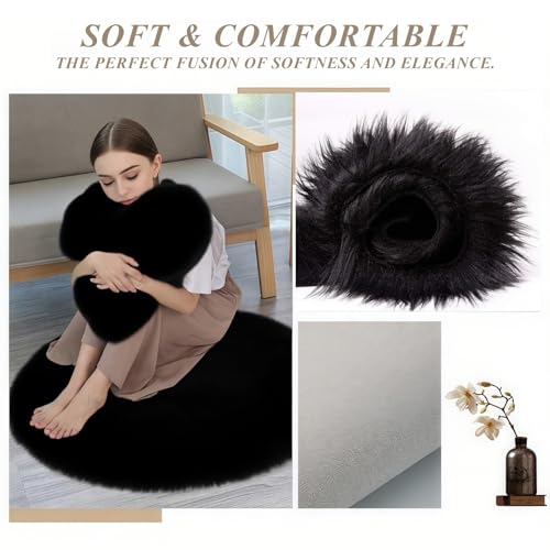 AMFUN Faux Lammfell Schaffell Teppich, Longhair Flauschiger Teppich, Flauschiger Schaffell Lammfell Fellteppich Waschbar, Weicher Fell Carpet für Stühle Sofa Schlafzimmer(Schwarz, 60 x 90 cm)