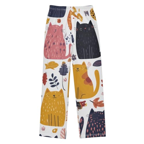 Cat Autumn Leaf Boys Long Pants Soft Trousers Elastic Waist Kids Lounge Bottoms with Pockets S-XL