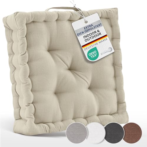 Beautissu Bodenkissen Sitzkissen 50x50 cm - Dickes Matratzenkissen 10cm - 100% Baumwolle Stuhlkissen Indoor & Outdoor Sitzkissen Boden Tragegriff extra Dicke Sitzauflagen Leinen - Mila