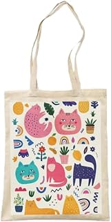 شنطة يد كبيرة توت قماشية بطبعة قطة ملونة، مصنوعة من القطن الطبيعي، شنطة كتف للتسوق بمقابض طويلة