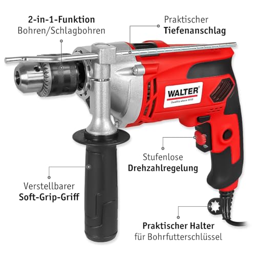 WALTER Schlagbohrmaschine 910W – Bohrhammer mit variabler Drehzahl 0–2800/min | Holz 25mm Beton 16mm Metall 13mm | Tiefenanschlag | 2,33 kg | Heimwerker & Profi – Bild 5