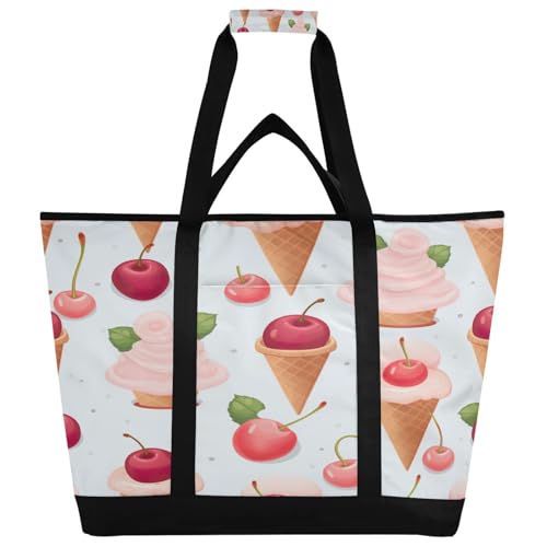 JUMBEAR Große Kühltasche mit Kirschen und Eiscreme, isolierte Lebensmittel-Liefertasche, faltbare Lunchtasche, auslaufsichere Kühltasche, Tragetasche für Strand, Camping, Picknick, Reisen