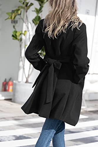 Kate Kasin Women's Classic Midi Pea Coat A-Line Belted Lapel Overcoat Black L #TOP3