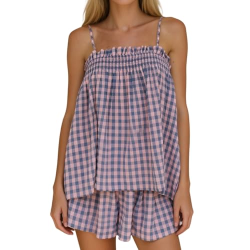 Foidiccx Womens Two Piece Outfits Gingham Set Y2k Pajamas Checkered Loose Fit Smocked Tank Top Flowy Wide Leg Shorts Plaid Lounge Sleep Pjs Matching Summer Sets (Purple Pink M)