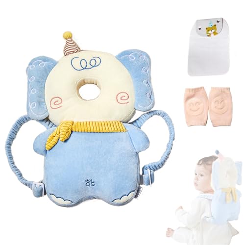 Baby Head Protector Backpack, Adjustable Baby Head Protection Backpack with Baby Knee Pads for Walking & Crawling, Soft, Breathable and Wearing Safety Baby Head Protector - Blue Elephant