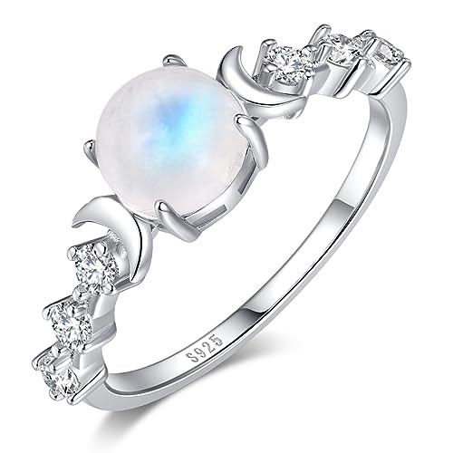 Natural Moonstone Ring for Women, 925 Sterling Silver Triple Moon Goddess Engagement Promise Ring Anniversary, Birthday, Christmas, Valentine's Day Gift for Her