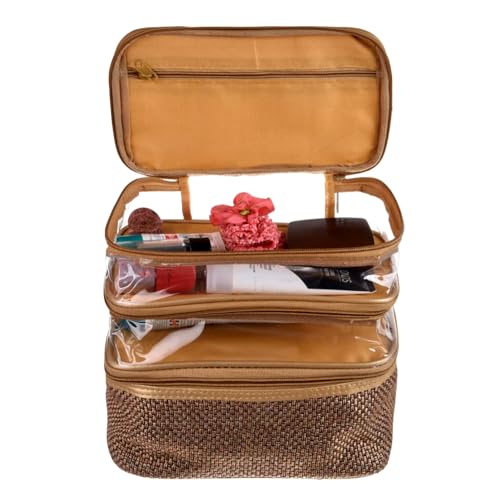 Kuber Industries Makeup Kit | Jute 3 Layer Cosmetic Kit | Antique Color Travel Kit with Clear window | Vanity Kit for Woman with Handle | Golden