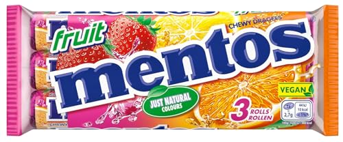 Mentos Fruit Dragees, Frucht-Bonbons Orange, Zitrone und Erdbeere, Kaubonbons mit fruchtigem Geschmack, Süßigkeiten (3 Rollen), vegan – Ansicht 1