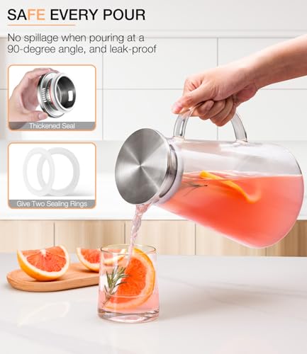LUNA&MANTHA Glass Pitcher, 2 Liter 68oz Water Pitcher with lid and Handle, Large Ice Tea Jug for Fridge, Borosilicate Glass Carafe for Hot/Cold Drink, Juice, Coffee, Milk, Beverage