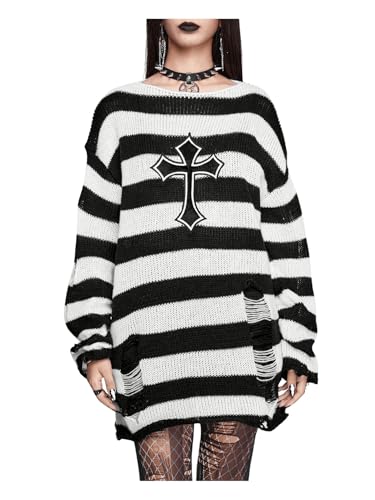 Image of Verdusa Women's Gothic Clothes Striped Sweater Long Sleeve Tops Punk Oversized Sweaters Ripped Sweater Dress Black and White X-Large