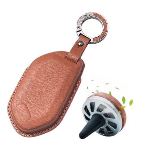 Image of Keyzone Premium Leather Key Cover & AC Vent Car Perfume Combo (4 Fragrances) | Compatible for Kia Seltos 2026, Syros, EV6, EV9 4 Button Smart Key (Brown)