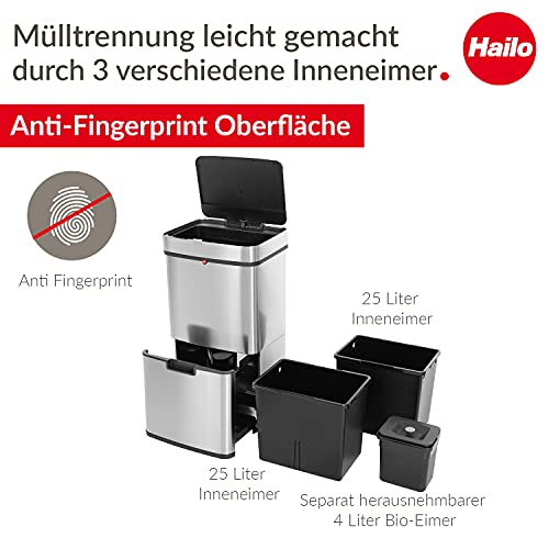 Hailo Öko Vario XL Sensor Mülltrennsystem 54l | 2x25 l + 1x4 l | Vollautomatische Deckelöffnung | Anti-Fingerprint Mülleimer vollautomatisch | Smart Mülleimer | Sensor Mülltrenner | Edelstahl - Image 4
