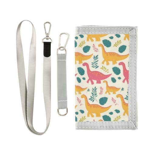 Wusikd Yellow Pink Dinosaurs Kids Wallet for Boys Girls Green Leaves Toddler Trifold Wallet Novelty Wallet for Teens Women Men