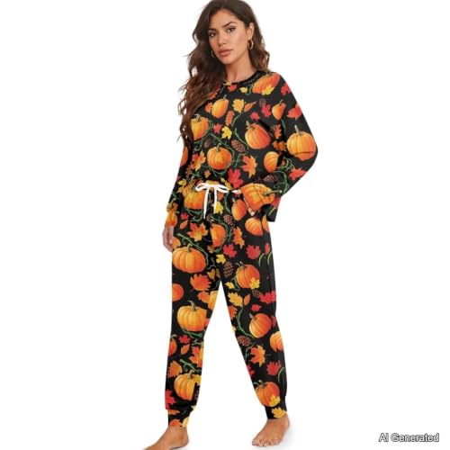 Image of Womens Lounge Set Long Sleeve Soft Pajama Sets | Casual 2 Piece Pj Outfit, Crewneck Sleepwear with Pockets, Adjustable Drawstring, Soft Comfy Fall Pajamas, Plus Size