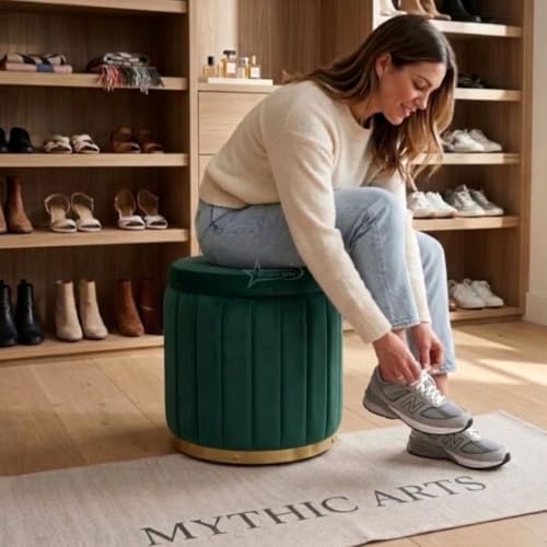 Image of Superior Round Storage Ottoman Stool 13 X 13X 16 inch, with Gold Metal Base | Elegant Pouffe with Secret Storage | Cushioned Footrest for Living Room, Bedroom, and Lounge Dark Green