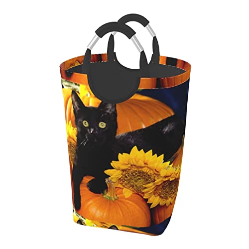 ハロウィン黒猫ひまわり ット ハンドル付き 洗濯かご おもちゃ 収納オーガナイザー 折りたたみ式バケツ 洗濯箱 汚れた衣類バッグ 自宅 バスルーム 寝室 寮用