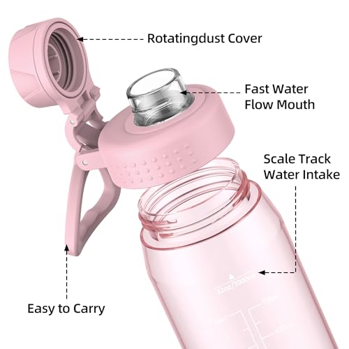 Image of 32oz Clear Water Bottle - BPA-Free Tritan Plastic, Fast Flow Spout Lid, Wide Mouth & Leakproof Design Hiking Water Bottle Suitable for Travel, Outdoors, Gym, Travel, Home, School（Pink）