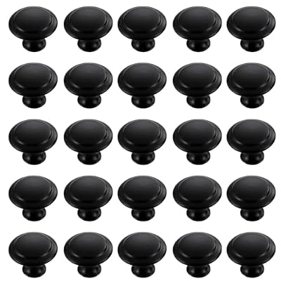 TRKETK 25 Piezas Tiradores Redondos para Gabinete, Pomos de Puerta Negros de Acero Inoxidable, para Armario y Cajón, Forma de Seta Con Tornillos de Montaje (30 mm)