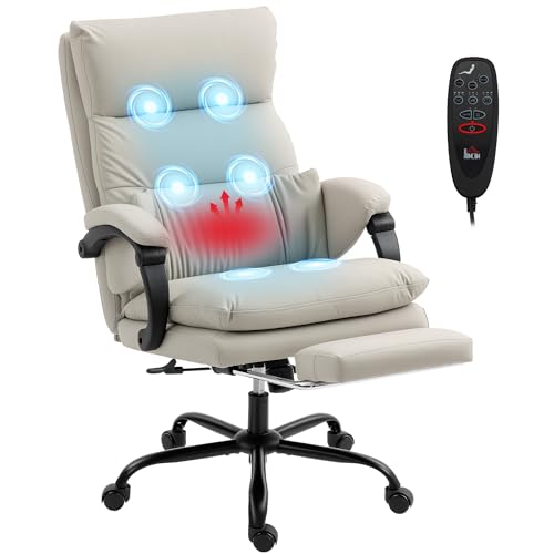 HOMCOM Sedia da Ufficio con Massaggio a 6 Punti e Riscaldata, Sedia Reclinabile 135° in Pelle Finta con Poggiapiedi, Braccioli Imbottiti, Altezza Regolabile, Schienale Alto, Grigio Chiaro