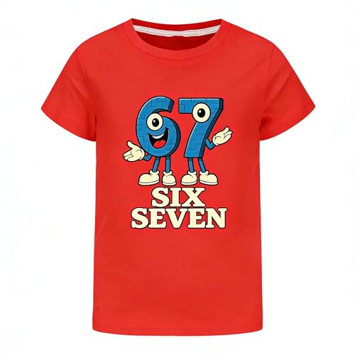 SharkBebe Boys' Short Sleeve T-Shirt Meme with Cartoon Number 67 Six Seven Cotton Graphic Sports Top Tee Ages 4-13 Years (UK, Age, 5 Years, 6 Years, Regular, Red)
