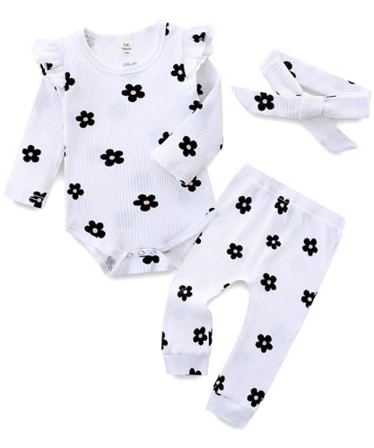 Image of Fullfamous Baby Girl's 3pc Rib Frill Long Sleeve Romper and Pant Set