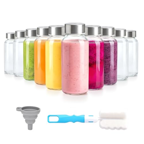 Image of Zukro 8 oz Glass Water Bottles with Lids, Reusable Clear Juice Bottles With Stainless Steel Airtight Cap for Juicing, Ginger Shot, Milk, 250ml Leak Proof Small Smoothie Container, BPA Free, Set of 10