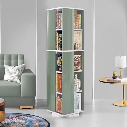 Image of ABOUT SPACE Rotating Book Shelf for Home Library - 5 Tier 360 Book Rack | Semi UV Gloss Laminate DIY Engineered Wood Book Stand with Partition & Bottom Turnplate (Green &White L 38 x B 38 x H 150 cm)